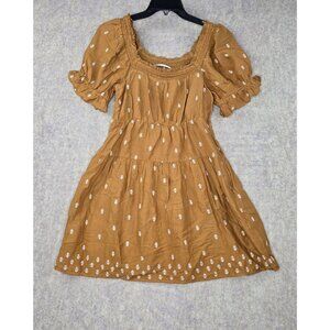 Old Navy Womens Smocked Mini Dress Brown XS Tiered Cotton Blend Embroidered